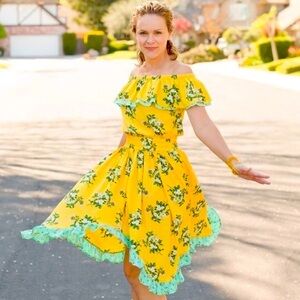 Matilda Jane Hooked On A Feeling Yellow  Floral Fit & Flare Cocktail Dress Sz L